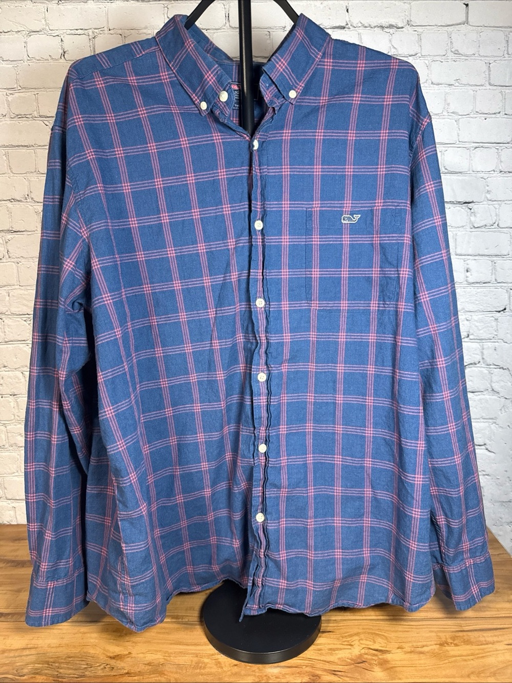 Vineyard Vines Navy Blue and Pink Plaid Button-Down Shirt